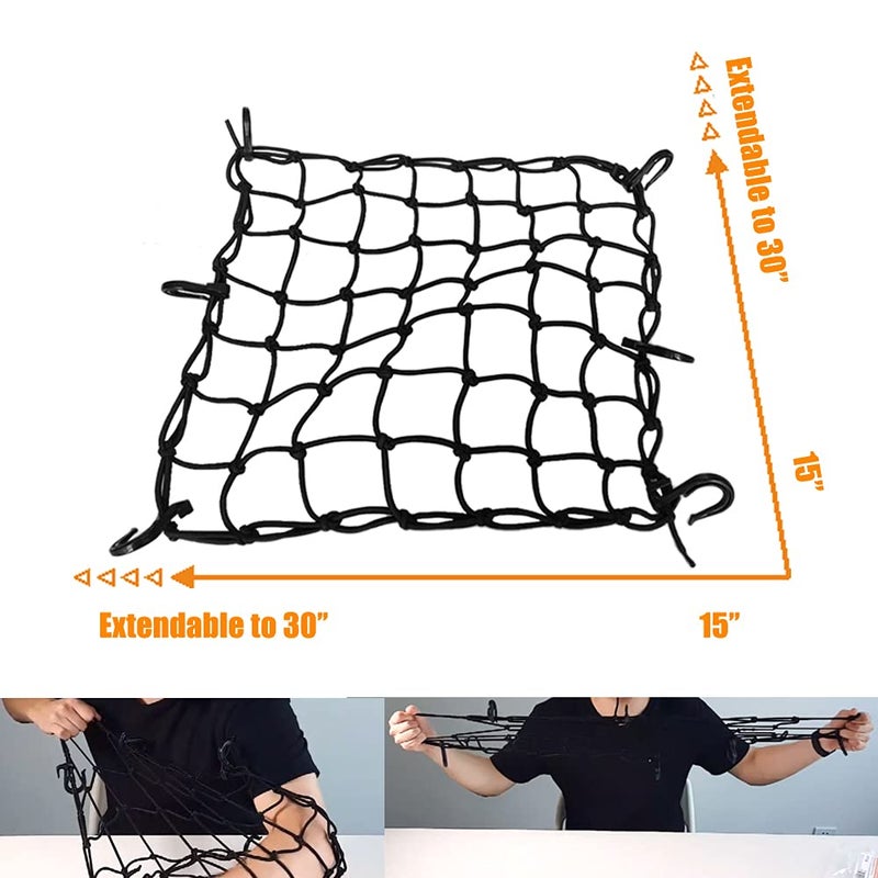ZMFLL شبكة شحن دراجة نارية ZMFLL سوداء 15"x15" مع 6 خطافات قابلة للتعديل وشبكة مشدودة 2"x2" تمتد حتى 30" x 30" لشبكة خوذة الشحن - Image 2